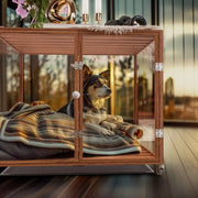 Banchetto per cani unico - Ruote - Vetro resistente - Recinzione per cani - Banchetto per cani - Legno - Cani fino a 70 kg - 90 x 61 x 65,5 cm