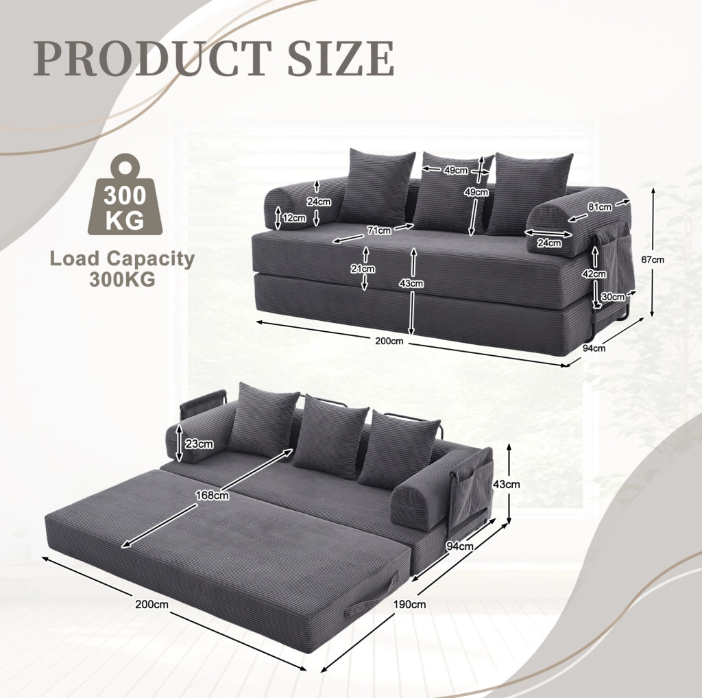 Divano modulare 200x94x67 cm con tasca laterale e 3 cuscini in corduroy grigio scuro