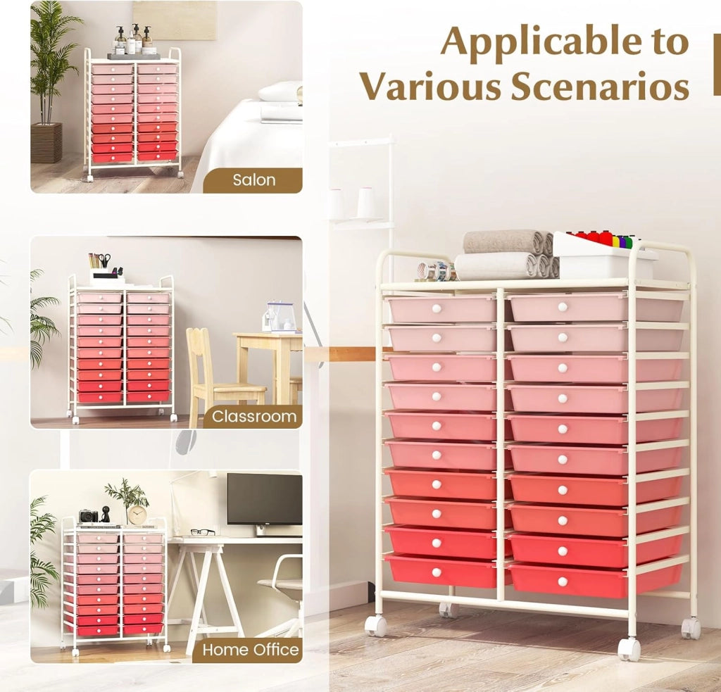 Carrello con 20 cassetti, impilabile, per cassetti, da cucina, bagno, ufficio, 64 x 39 x 88 cm (rosso + rosa)