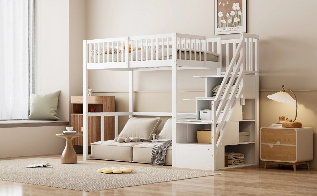 DESMIU Letto a soppalco 90 × 200 cm 1 posto con scala contenitore e scrivania, senza materasso, bianco
