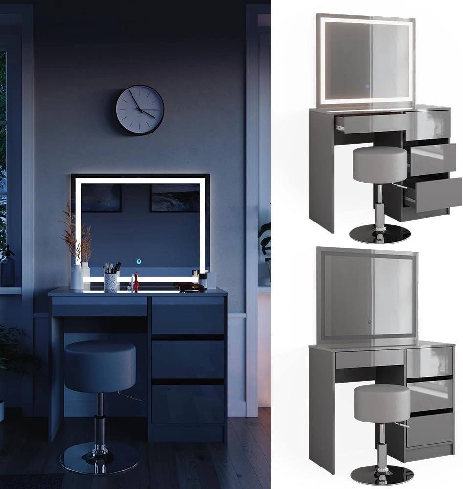 Tavolo da toeletta Sherry, Grigio, 90 cm con specchio LED e sgabello, con illuminazione LED e sedile regolabile in altezza