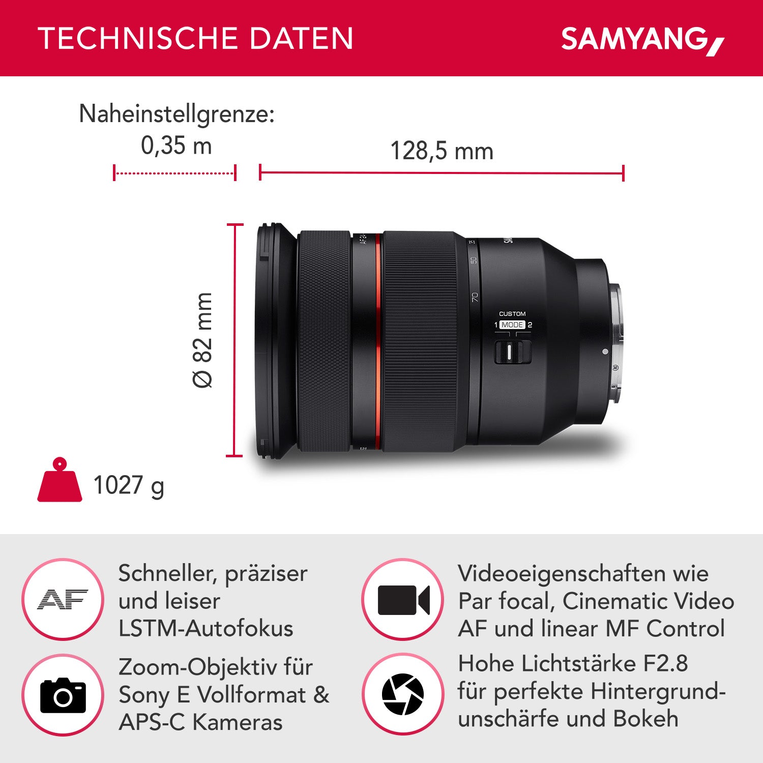 Obiettivo zoom fotografico AF 24-70mm compatibile con Sony E mount – Autofocus, full frame e APS-C, intensità luminosa F2.8, per fotocamere Alpha A9 A7 A7C A7C II A7C R A6000