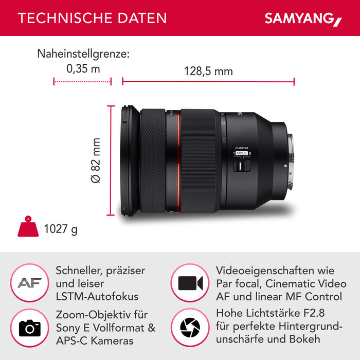 Obiettivo zoom fotografico AF 24-70mm compatibile con Sony E mount – Autofocus, full frame e APS-C, intensità luminosa F2.8, per fotocamere Alpha A9 A7 A7C A7C II A7C R A6000
