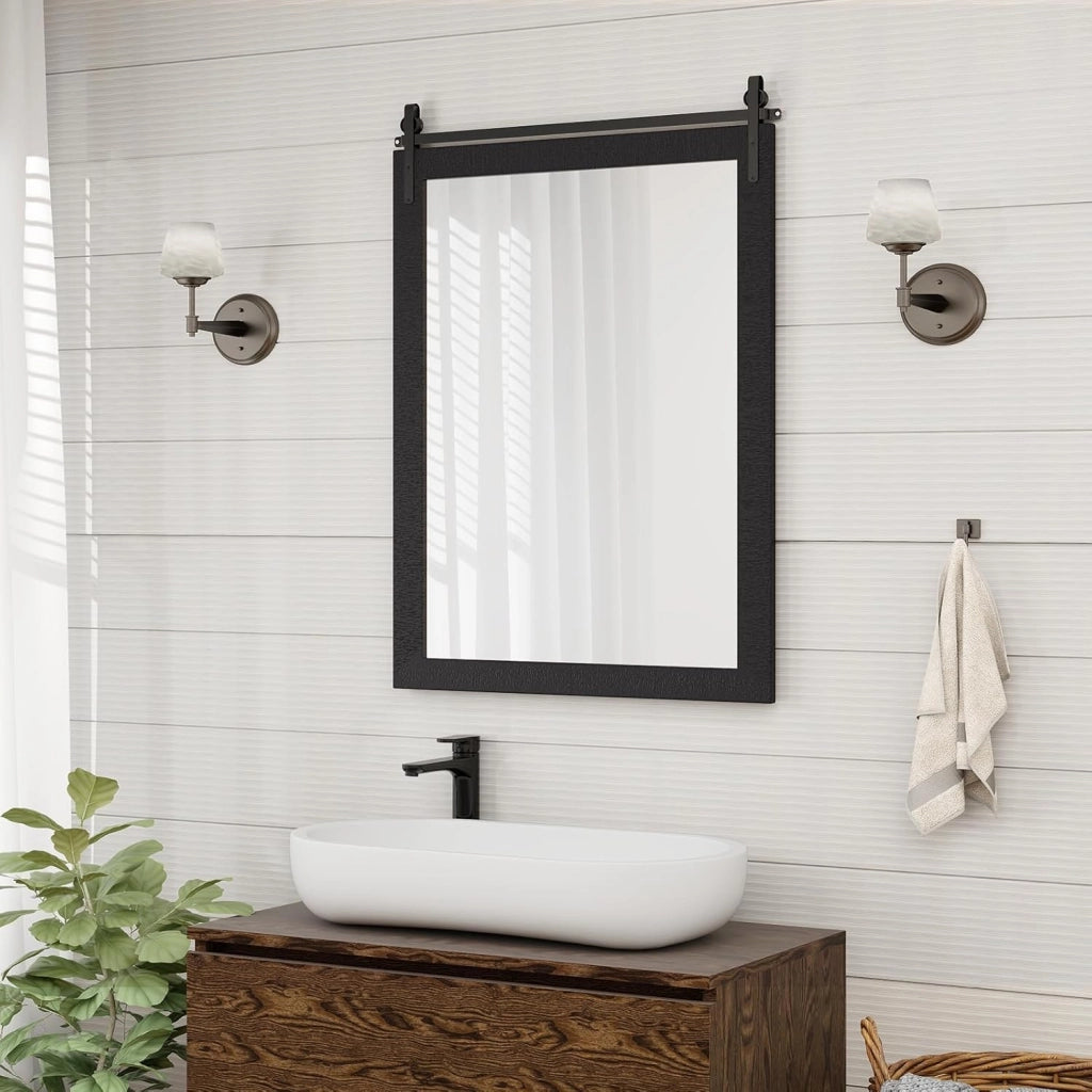Specchio da Parete 76,5 x 56 cm, Specchio Rettangolare con Cornice in Legno e Staffa in Metallo, Specchio da Bagno Corridoio Soggiorno, Bianco (Nero)
