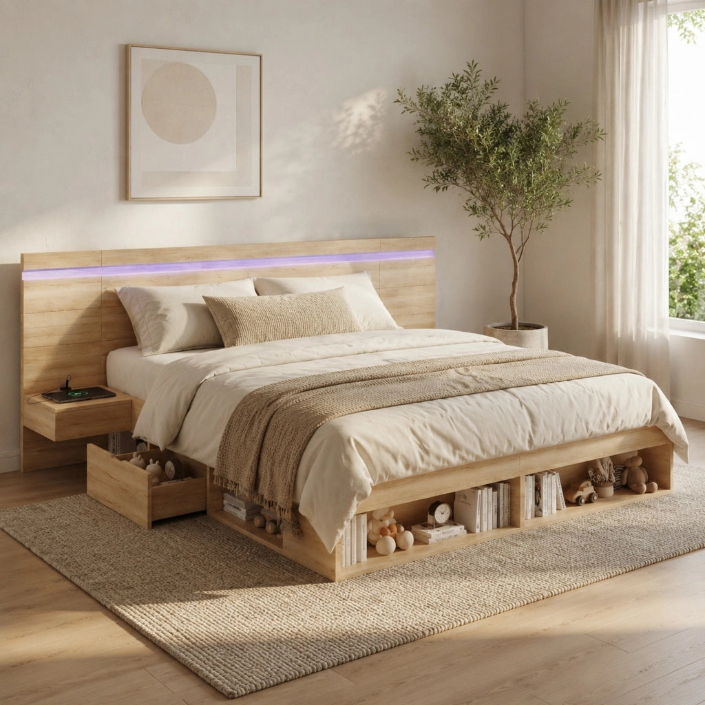 DESMIU Lit Matrimoniale 180 × 200 cm con 2 comodini, cassetti, USB e Type-C, LED, senza materasso, in MDF, naturale