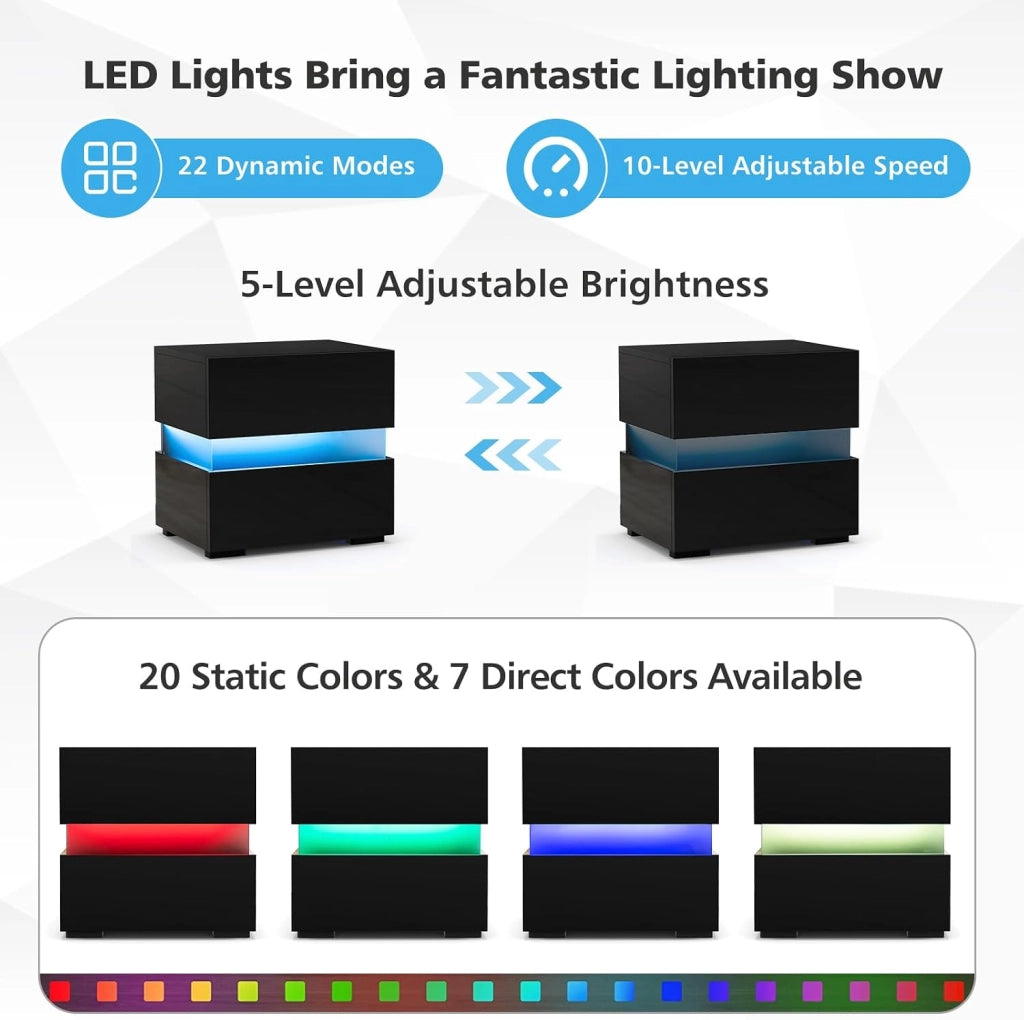 Comodino Camera da Letto con Luce LED, 22 Modalità di Luce, 10 Velocità, 5 Luminosità e Telecomando, Comodino Piccolo con 2 Cassetti,Tavolino Moderno per Soggiorno, Studio (2, Nero)