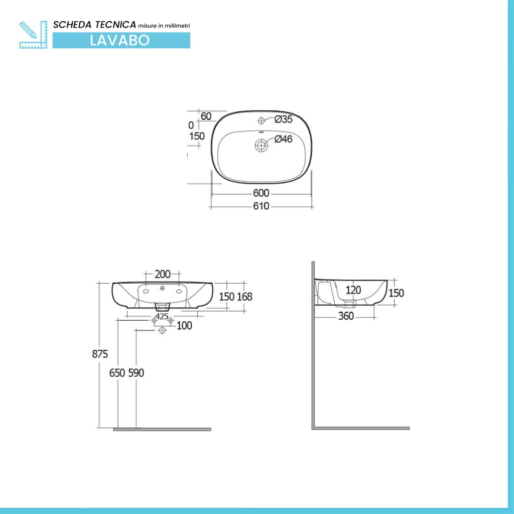 Lavabo ovale 60 cm sospeso bianco in ceramica Rak Illusion