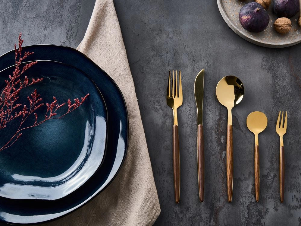 Set di posate Modern Glam 30 pezzi Coltello Forchetta Cucchiaio Cucchiaino da tè Forchetta da frutta Materiale sintetico Acciaio inossidabile Oro
