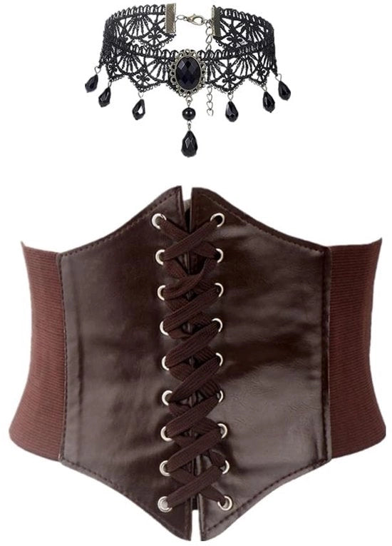 Corseto per Donna Nero - Corsetto con Cintura - Collare a Catena - Costume da Pirata Medievale - Pelle Sintetica Duratura - Adattabile alla Misura