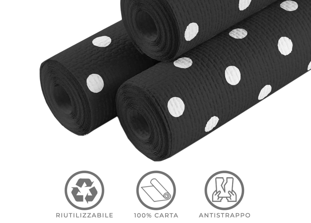 Rotolo Tovaglia A Pois Per Feste Antistrappo 100% Carta Made Italy 5mtx1,20mt - 5 Metri - Nero