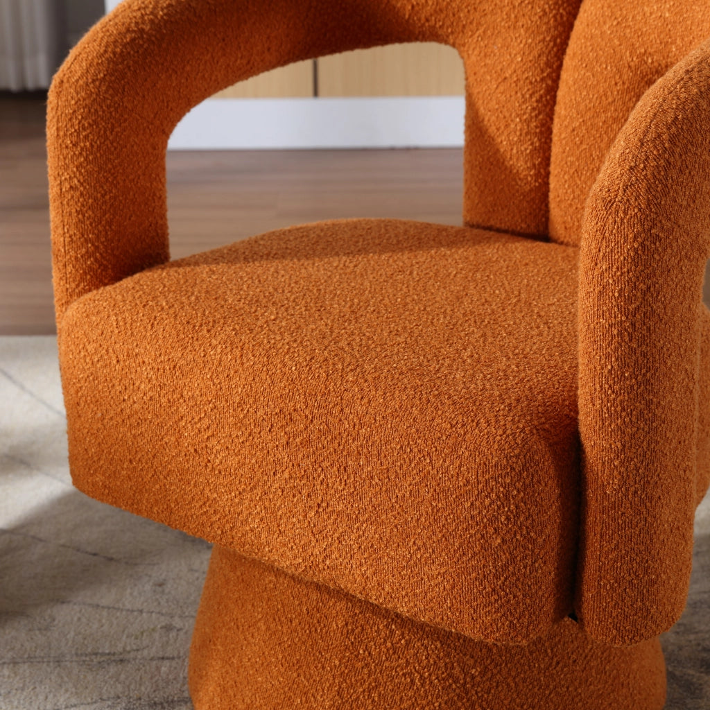 Poltrona girevole 360° in bouclé arancione con base in metallo, seduta imbottita e struttura robusta