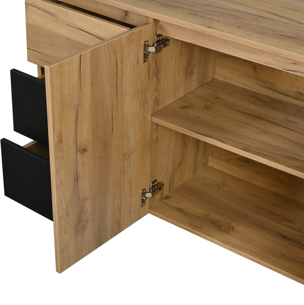 Sideboard con 3 cassetti; 2 ante e LED multicolore; Naturale/Nero