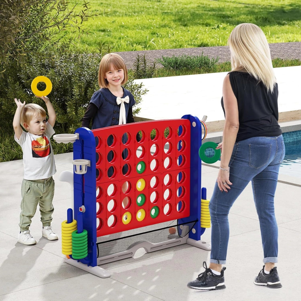 4 in 1 Forza 4 Gigante, Set di Gioco 4 in Fila con Lancio degli Anelli, Canestro da Basket, Palla, Mazza da Golf, Porta Bicchieri, Borsa e Tasca a Rete, Forza 4 Regolabile in Altezza (Rosso)
