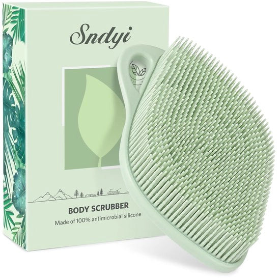 Spazzolino corporeo in silicone, spazzolino doccia in silicone per esfoliazione delicata, spazzola corporea a foglia in silicone con setole schiumanti, spugna doccia in silicone per la pelle sensibile, verde di cedro.