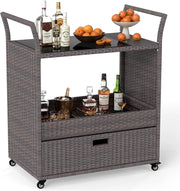 Carrello Bar in Rattan da Esterno, Tavolo Bar Mobile con Piano in Vetro Temperato, Ripiano Aperto e Cassetto Capiente, Carrello di Servizio per Patio Veranda Cortile e Giardino