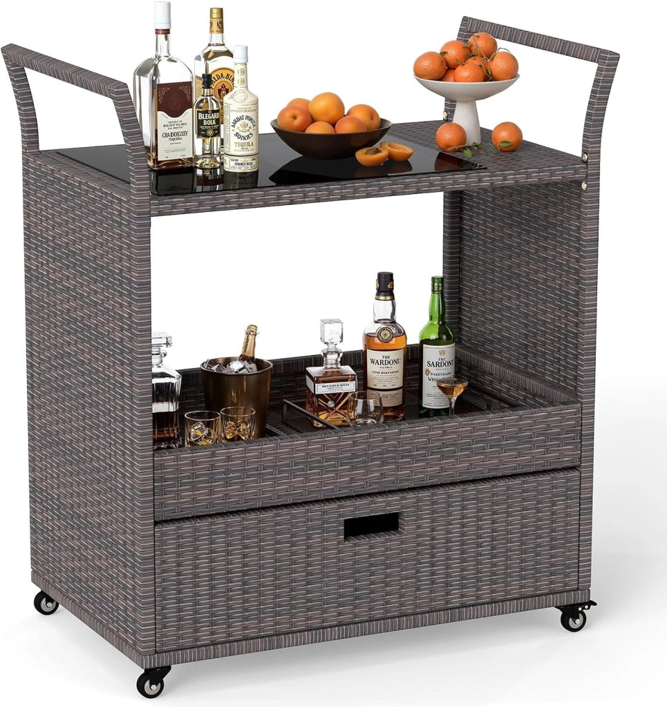 Carrello Bar in Rattan da Esterno, Tavolo Bar Mobile con Piano in Vetro Temperato, Ripiano Aperto e Cassetto Capiente, Carrello di Servizio per Patio Veranda Cortile e Giardino