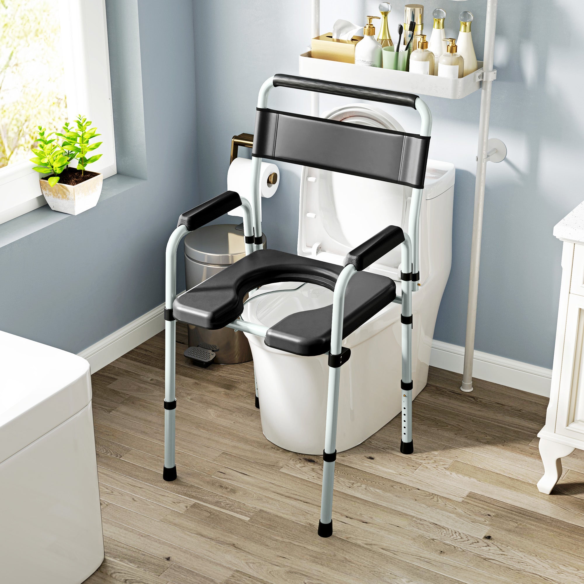 Sedia WC per Anziani e Disabili 52,5x46x81,5-97 cm Pieghevole e Regolabile in Acciaio e Pelle PU Nero