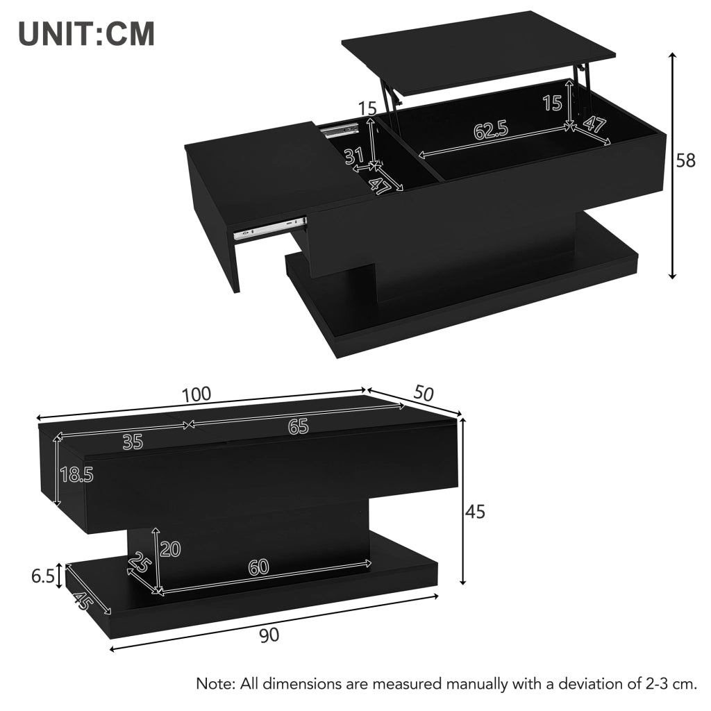 Tavolino da caffè con piano alzabile; vano contenitore e LED - per soggiorno - in truciolare - 100x50x45 cm - nero