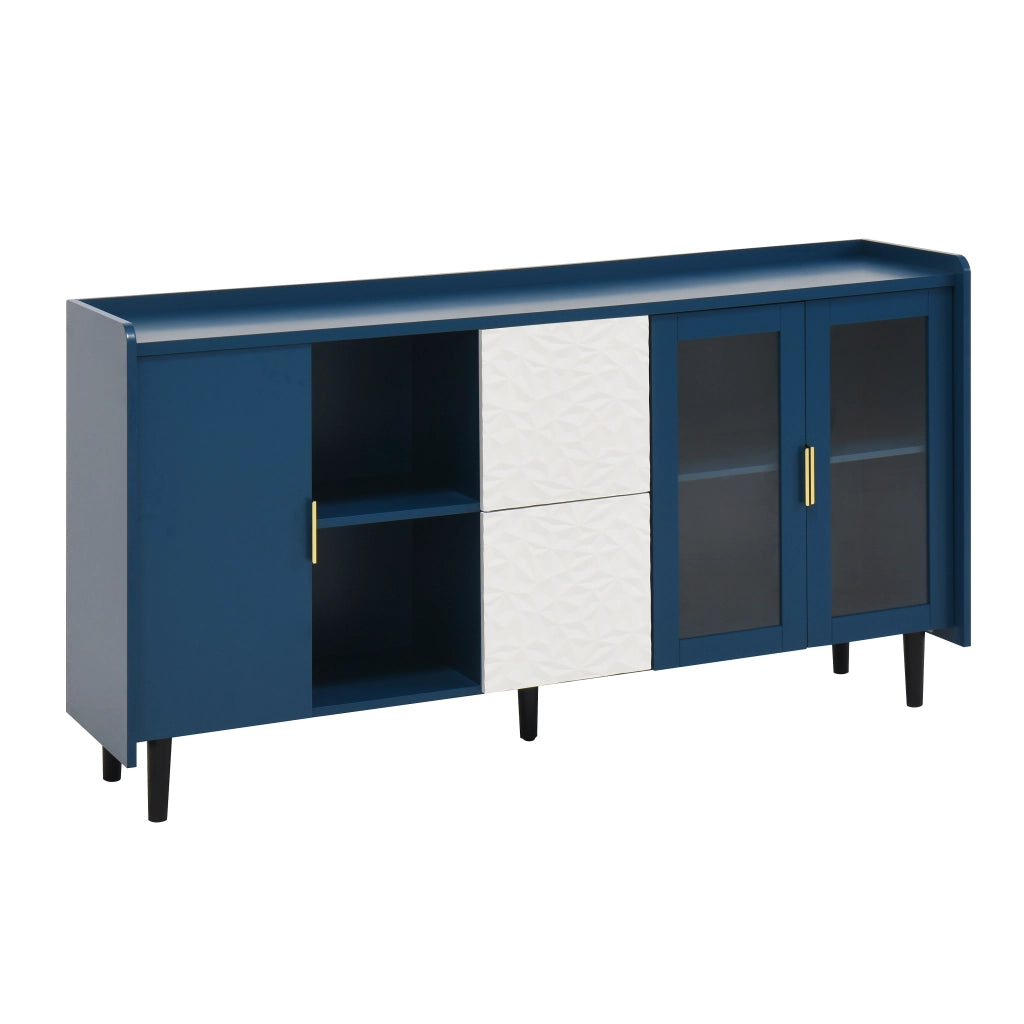 Credenza con 2 Cassetti; 2 Vani a Giorno e 2 Ante in Vetro; Stile Moderno; in MDF; Blu
