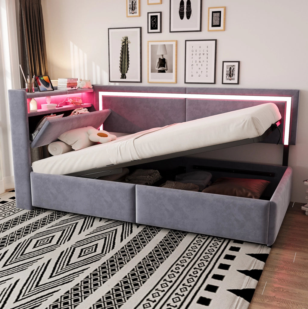 Divano letto imbottito 90x200 cm con contenitore; LED; USB e velluto grigio chiaro