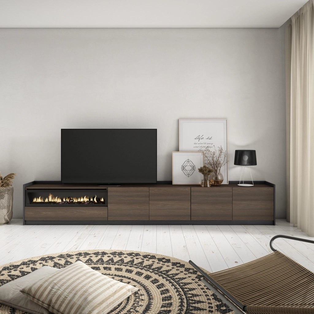 Mobile TV Soggiorno, 310x50x37 cm, Per TV fino a 80", Camino elettrico, Rovere scuro e Nero
