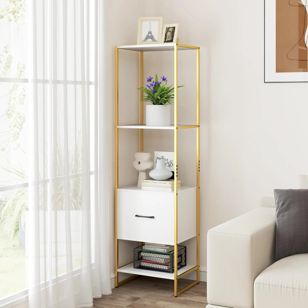 Libreria a 5 Ripiani con Cassetto, Scaffale di Stoccaggio con Struttura in Metallo e Kit Antiribaltamento, Unità Espositiva Autoportante per Camera da Letto Soggiorno, 45x35x160 cm (Bianco)