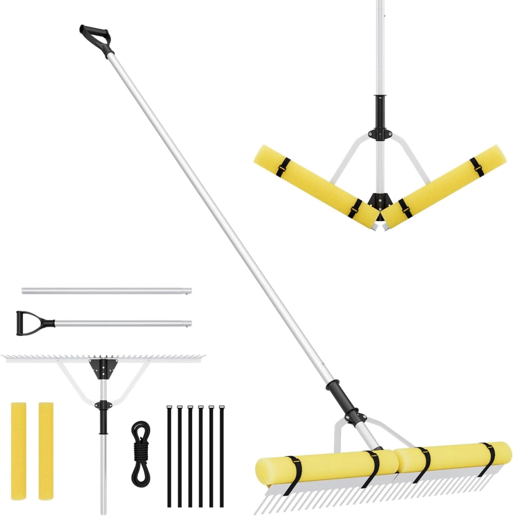 Rastrello da Lago in Alluminio, Rastrello da Giardino 36 Denti con Testa del Rastrello 92 cm, Manico Telescopico Regolabile e 600 cm Corda da Lancio per Ambienti Terra/Acqua, 230 x 92 cm
