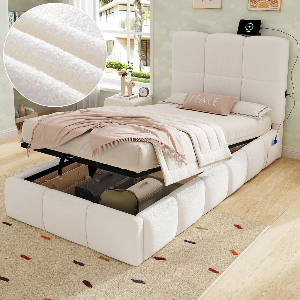 Letto Singolo 90 x 200 cm; USB e Type-C; Contenitore con Testiera; Boucle9 Beige