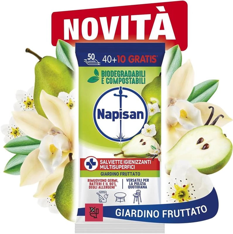 NAPISAN SALVIETTE IGIENIZZANTI MULTISUPERFICI GIARDINO FRUTTATO 1 CONFEIZIONE DA 50 SALVIETTE IGIENIZZANTI