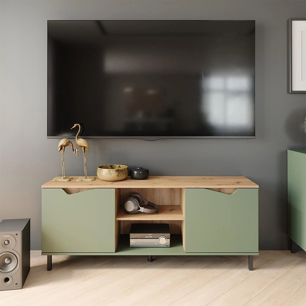 Mobile tv Marelle, Verde/Artigianale, 150 x 60 cm con 2 porte, adatto all'uso come mobile TV o mobile multimediale