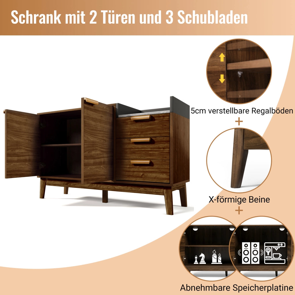 Credenza con 3 Cassetti; Vano a Giorno e 2 Ante; Ripiano Regolabile; Effetto Marmo; in Legno e Metallo; Rovere Scuro; 120×40×77 cm