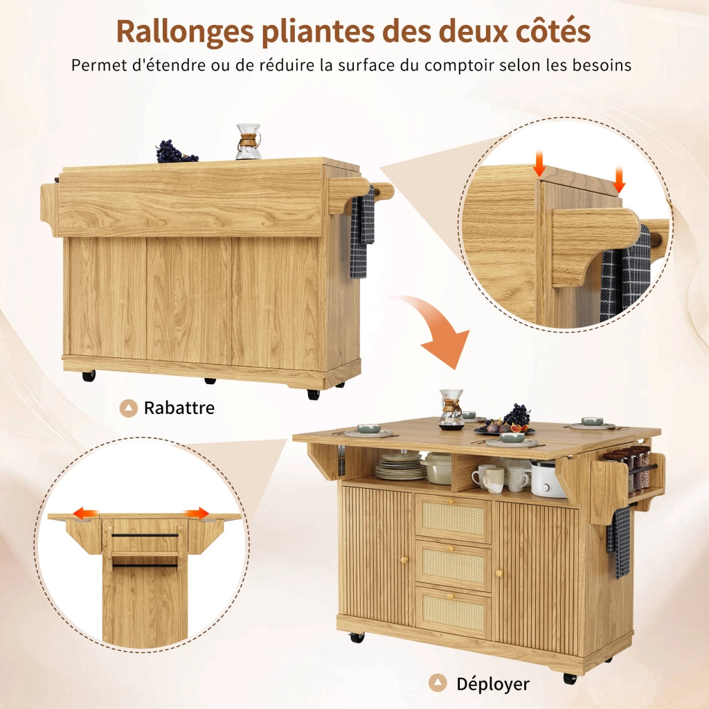 Carrello da cucina estensibile con spazio nascosto; cestini laterali e cassetti in rattan PE per cucina e balcone
