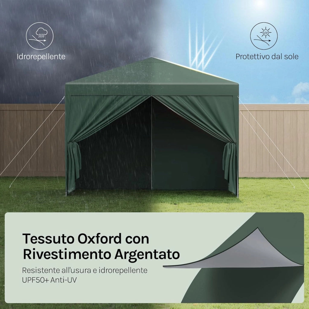 Gazebo da Giardino Richiudibile 3x3m Gazebo da Esterno Ferro Regolabile in Altezza Tendone Pieghevole con Telo Idrorepellente, Protezione Solare, Facile Montare Verde