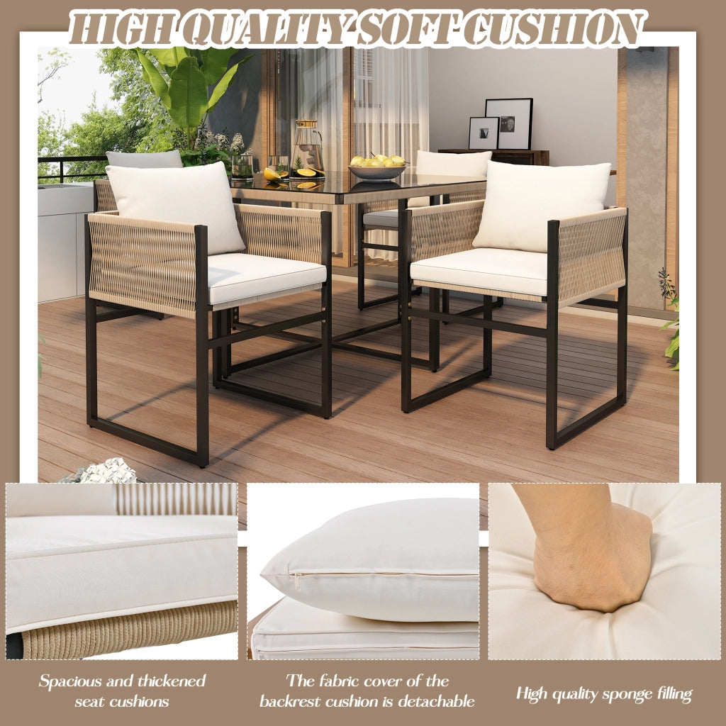 OKWISH Set Tavolo e Sedie da Giardino 5 Pezzi con 1 Tavolo e 4 Sedie Impilabili per 4 Persone, Ferro Beige