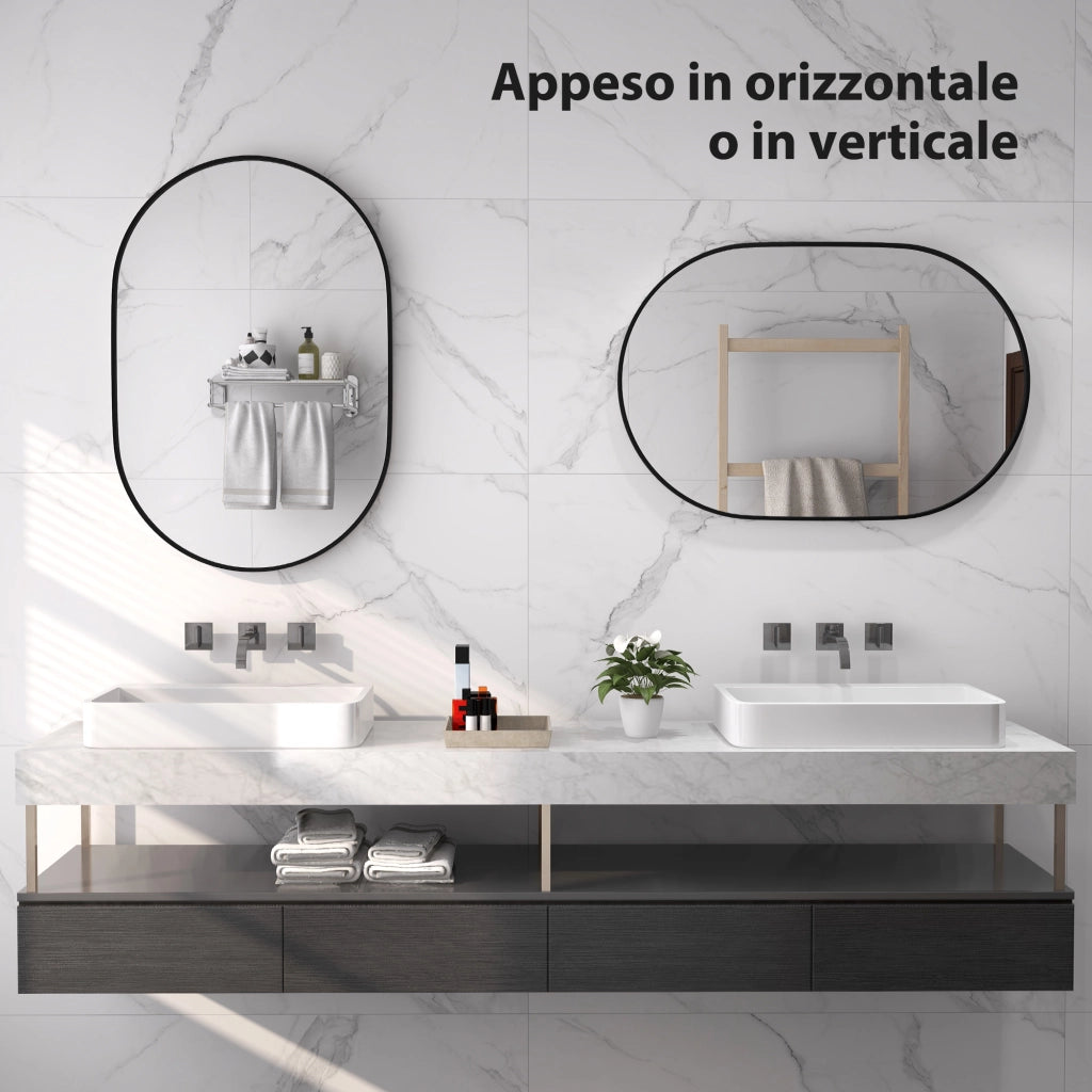 Specchio Bagno Ovale da Parete con Cornice in Alluminio. Verticale o Orizzontale. 60x90cm. Nero