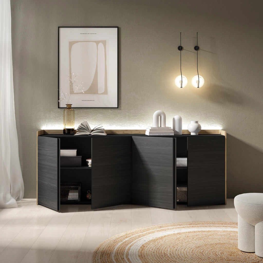 Credenza, Mobile, Cucina, 207x80x35 cm, 4 Porte, LED, Nero e rovere
