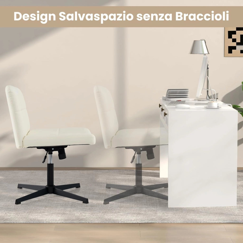 Sedia da Ufficio a Gambe Incrociate, Sedia Scrivania con Seduta a U Spaziosa, Sedia Girevole per Casa e Ufficio, senza Ruote e Braccioli, Altezza Regolabile, Portata 150 kg (Beige)