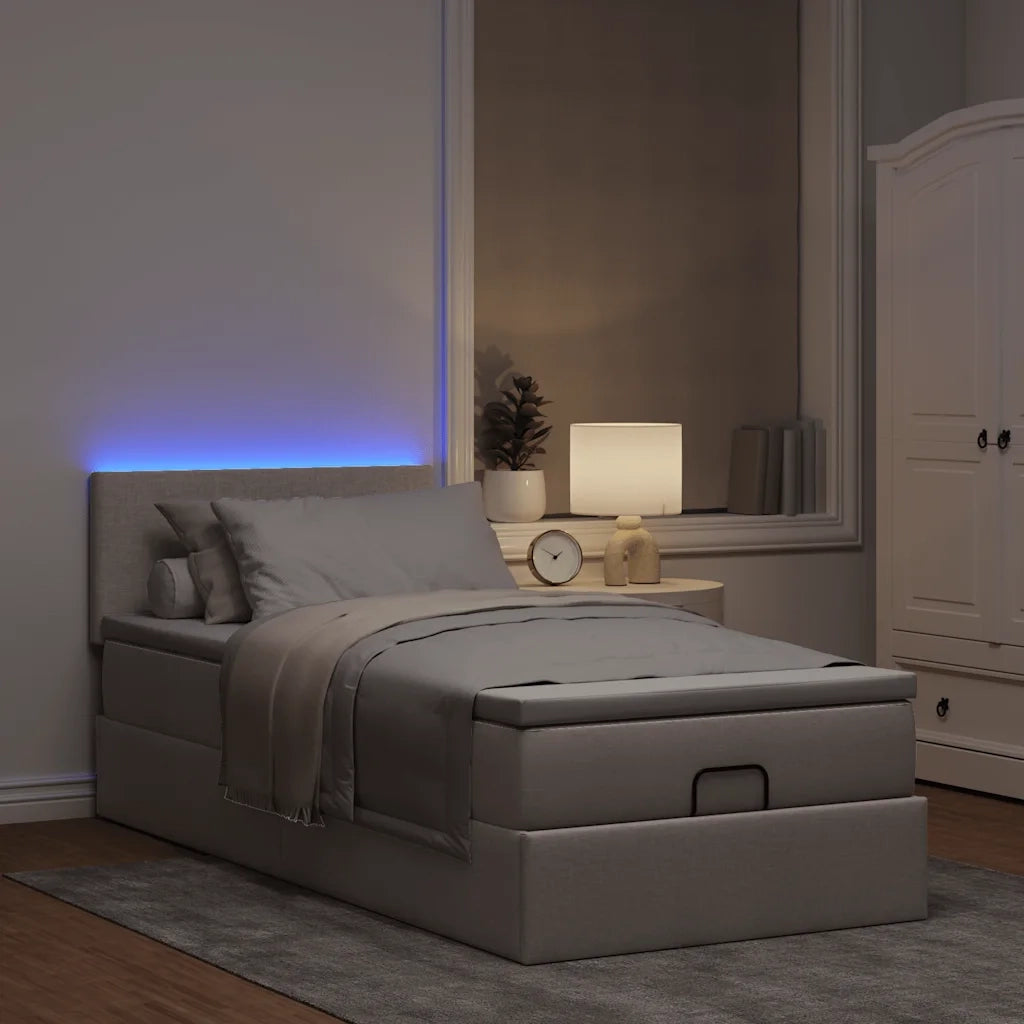 Pouf Letto con Materasso e LED Tortora 90x200 cm in Tessuto
