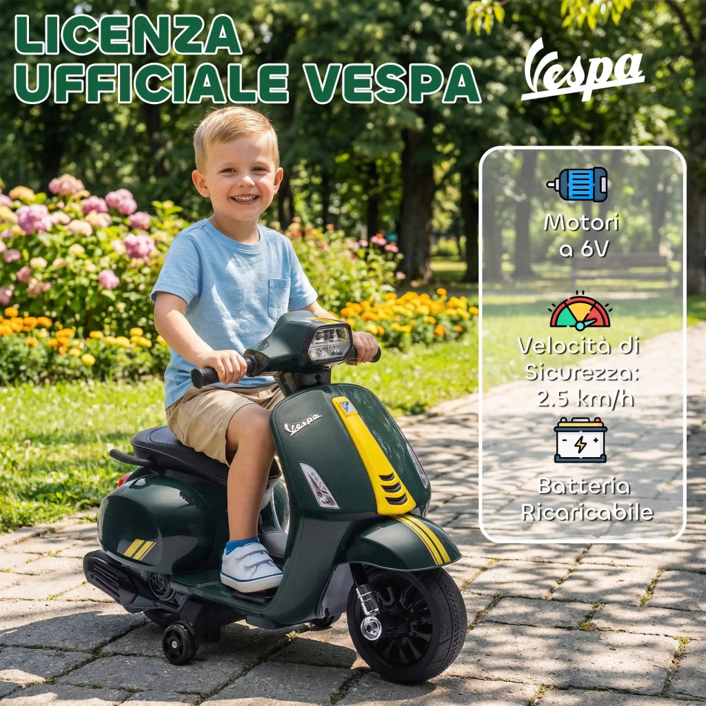 Moto Elettrica per Bambini con Licenza Ufficiale Piaggio Vespa 6V con Rotelle e Luci Verde Scuro