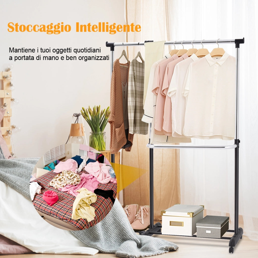 Stand appendiabiti da terra in acciaio con 6 ruote, Porta abiti regolabile 91-160x43x93-168cm, Nero-Appendiabiti