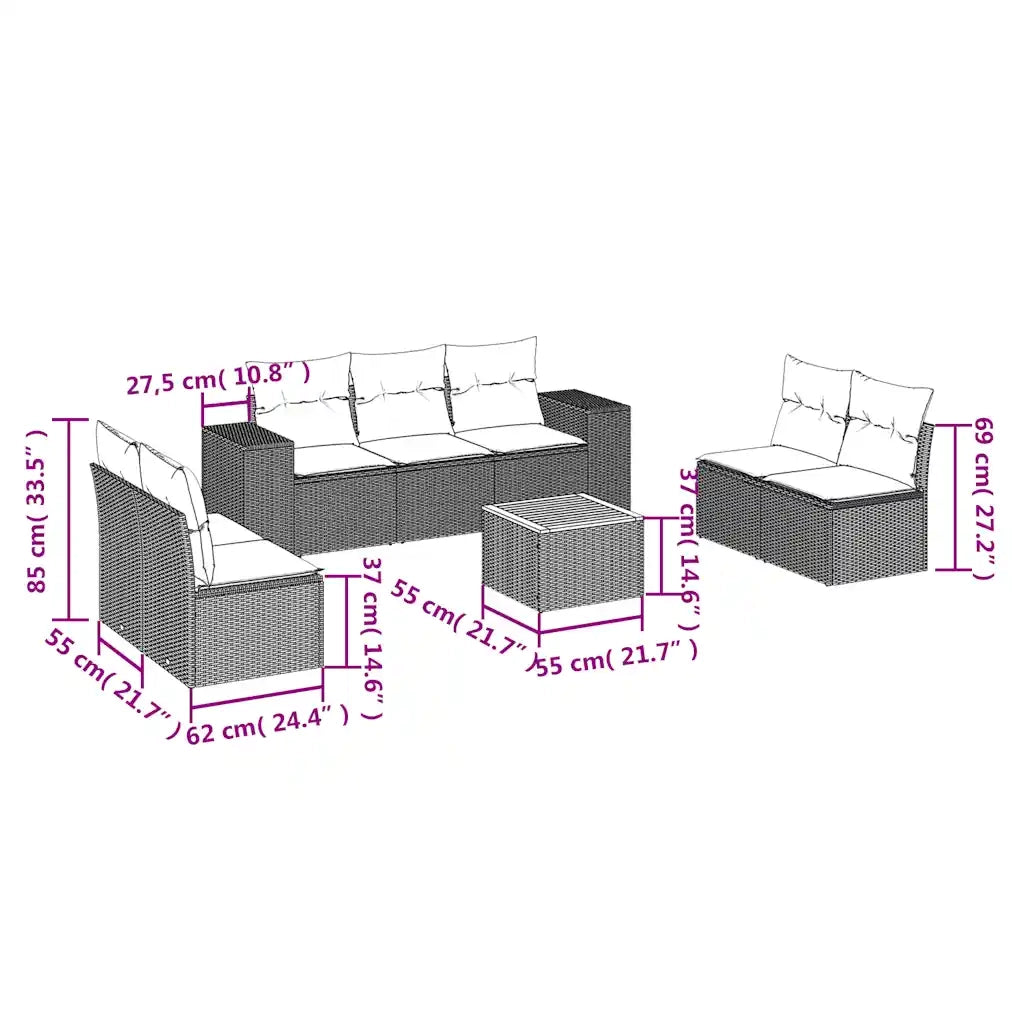 Set Divano da Giardino 8 pz con Cuscini Beige in Polyrattan