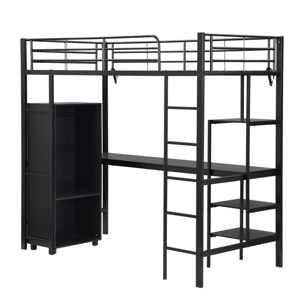 LETTO A CASTELLO 90x200 cm Nero in Metallo con Scrivania e Armadio