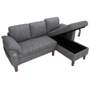 Divano angolare 3 posti con chaise longue contenitore; USB e tasche in chenille grigio chiaro