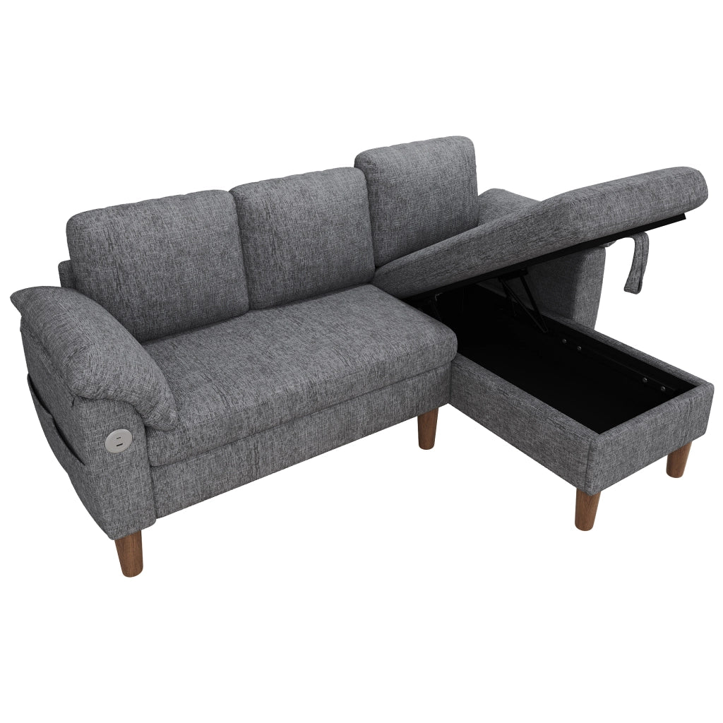 Divano angolare 3 posti con chaise longue contenitore; USB e tasche in chenille grigio chiaro