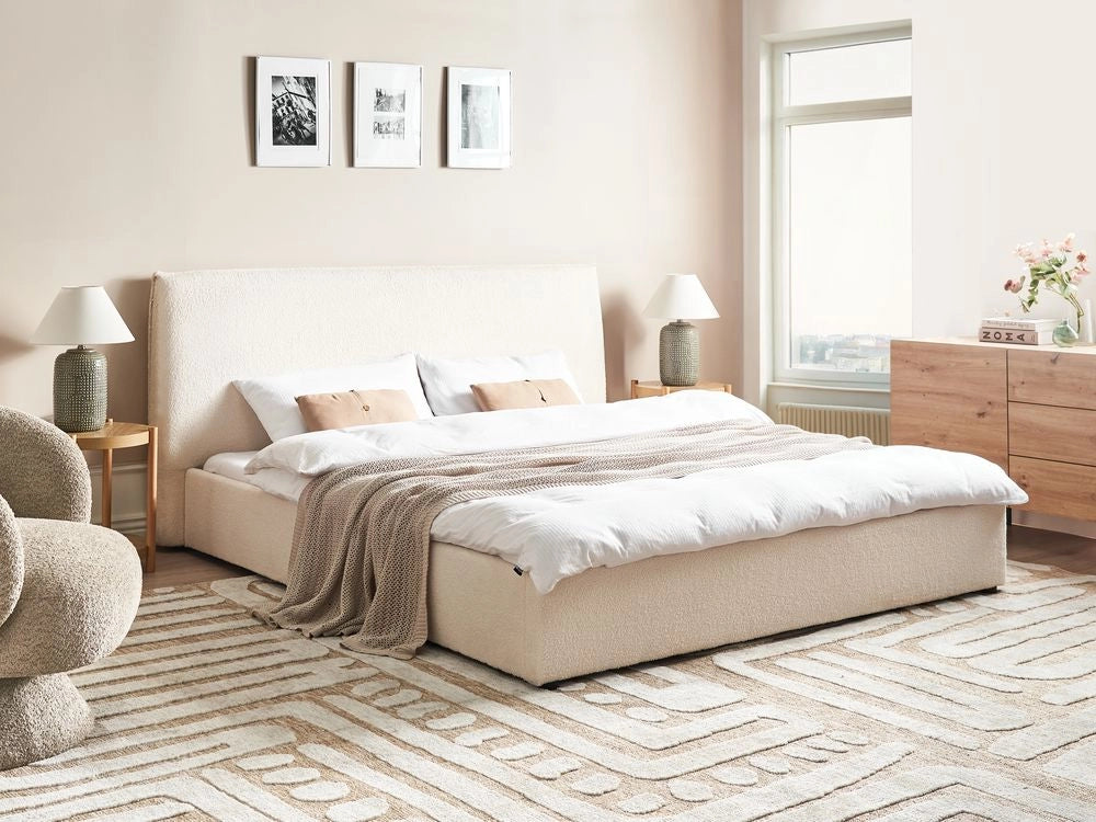 Letto matrimoniale in tessuto bouclé bianco sporco testata 180 x 200 cm Doghe in legno