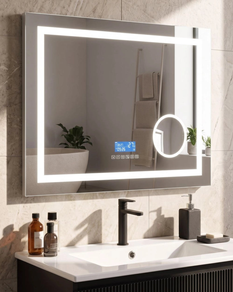 Specchio da bagno illuminato a LED rettangolare 60 x 80 cm Glamour con altoparlante Bluetooth Lente di ingrandimento