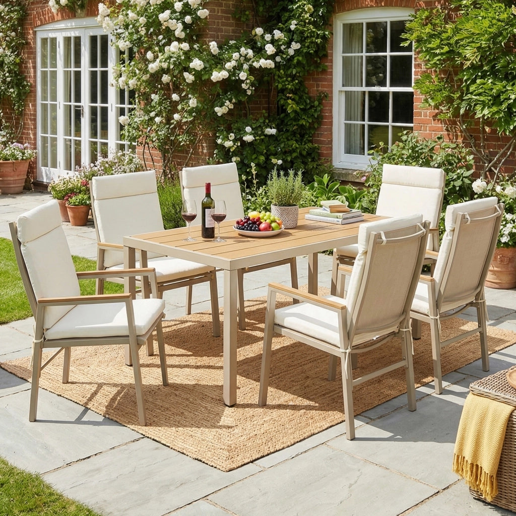 Set da pranzo da giardino set di mobili da giardino adatto a 6 persone composto da 1 tavolo e 6 sedie ferro zincato piano in legno in plastica kaki + beige