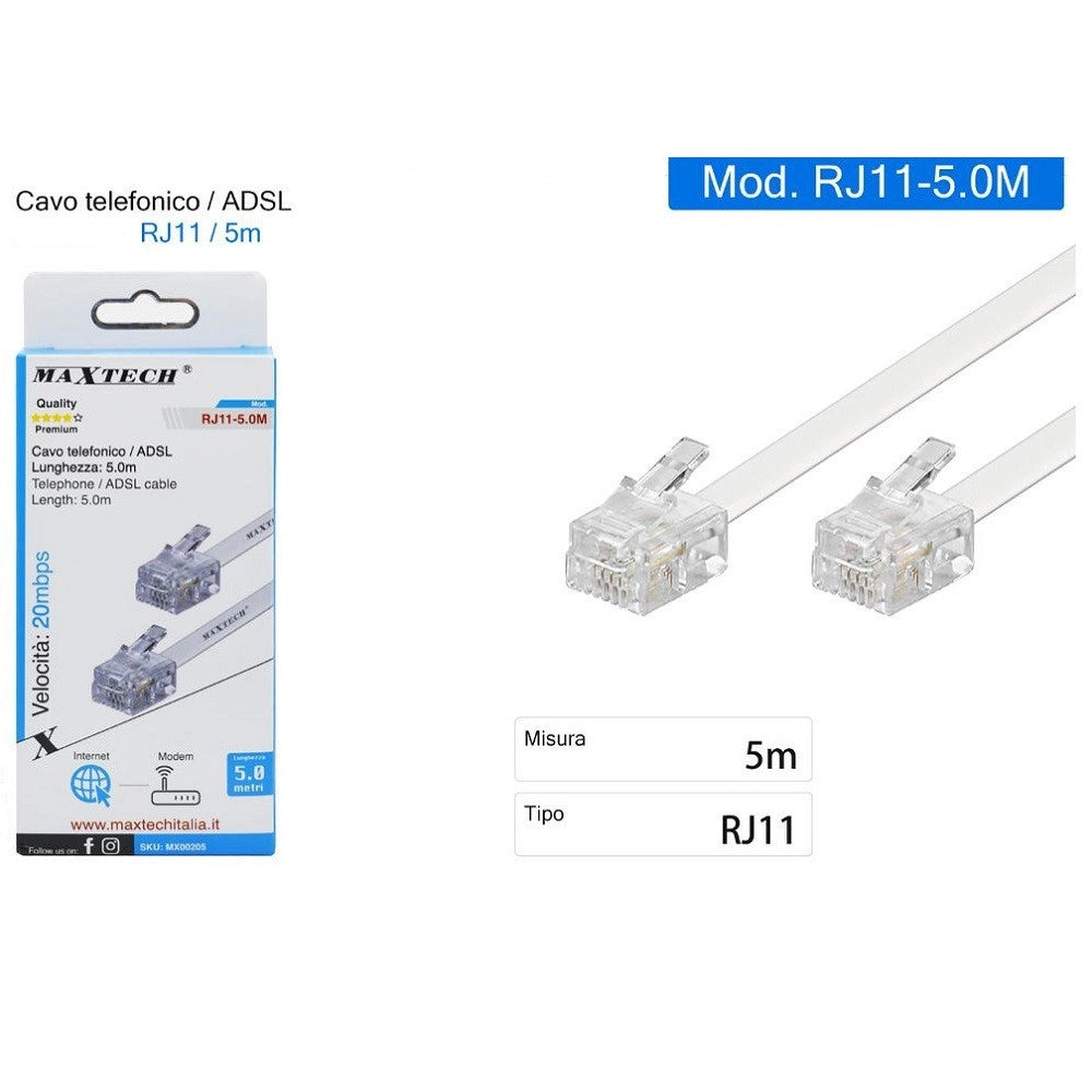 Trade Shop - Cavo Prolunga Telefonica Rj11 5mt Collegamento Telefonico Maxtech Modem Rj11-5.0m -