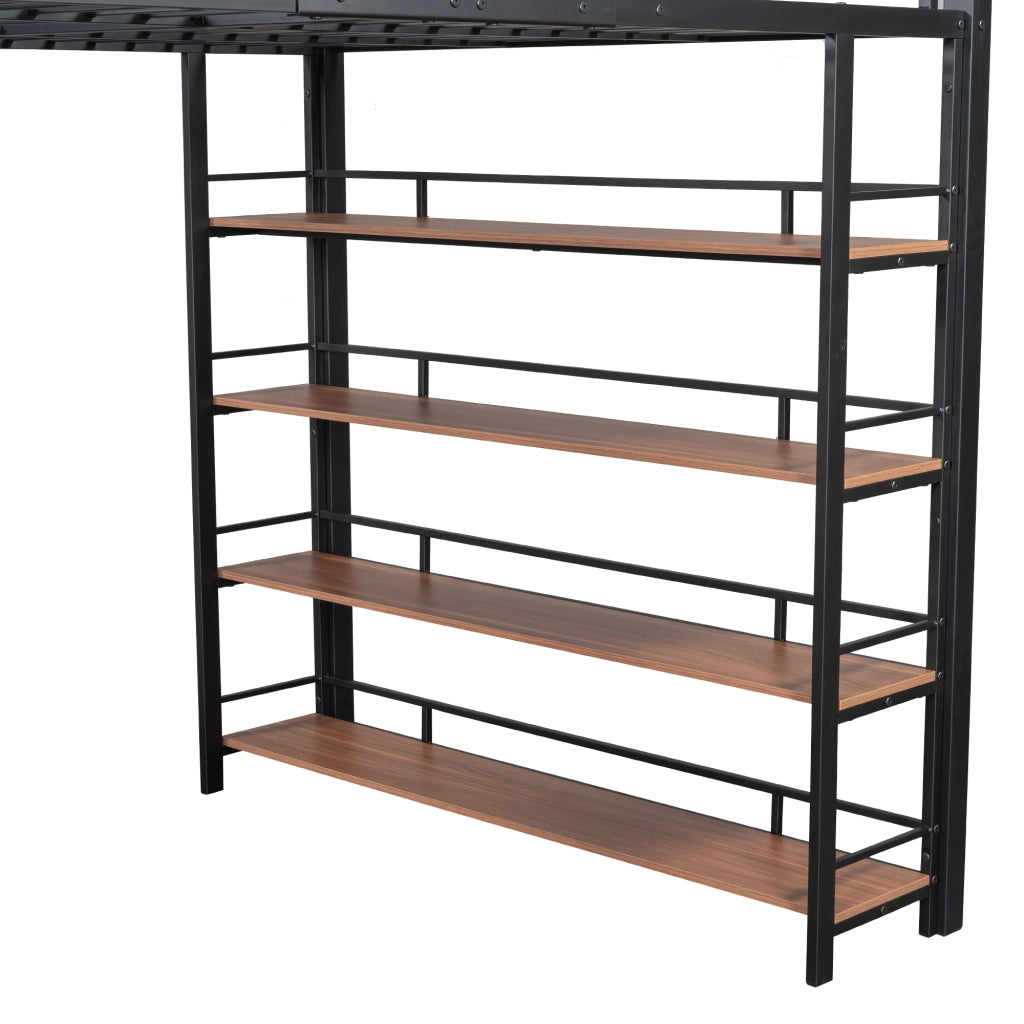 Hochbett nero in metallo con scala portaoggetti recinzione alta 140x200 cm