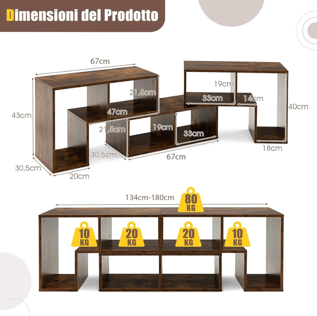Mobile Porta TV Combinabile con Ripiani Aperti, per TV Fino a 65 Pollici, Mobile TV di Legno per Camera da Letto, Soggiorno, Capacità di Carico Massima 80 kg, 134-180 x 30 x 43 cm (Marrone)